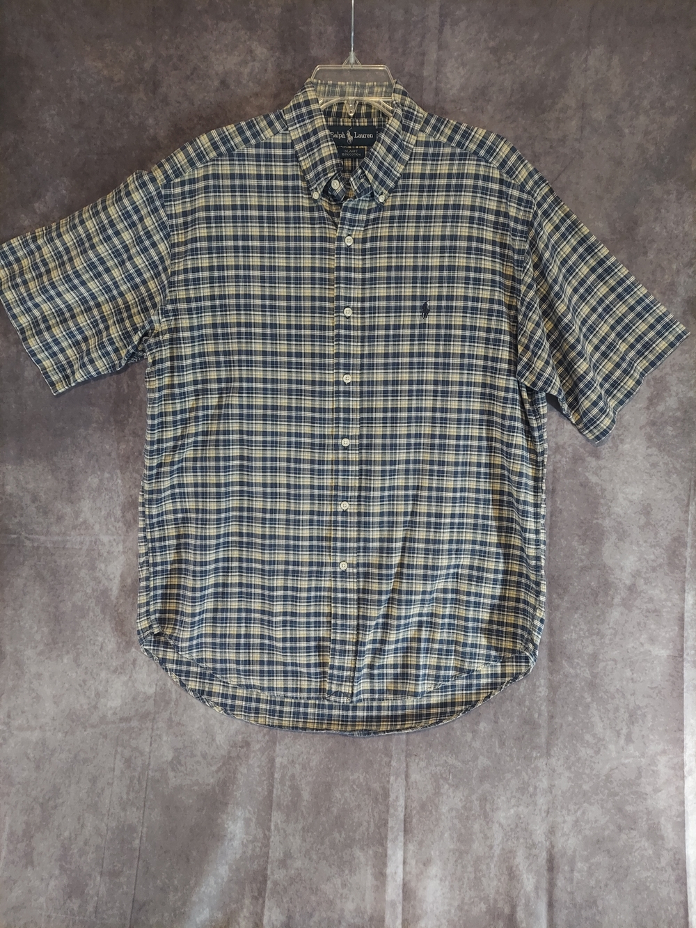 Ralph Lauren Blaire Men’s Medium Short Sleeve Button Down Plaid Navy Yellow VGC